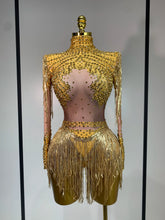 Women Long Sleeve Sexy Shinning Tassels Rhinestone Bodycon Bodysuit High Stretch Bar Dancer Nightclub Stage Wear Birthday Outfit